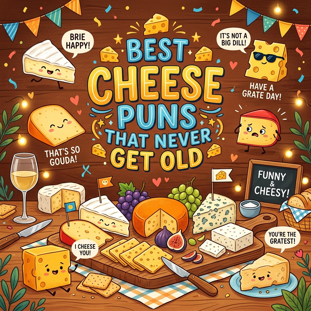 A fun and playful graphic featuring cheesy jokes and puns with cheese-themed humor and smiling cheese illustrations.