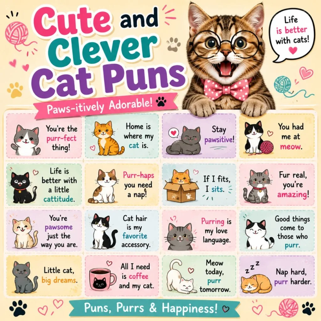 Cute colorful cat pun graphic featuring a playful cartoon-style cat with funny clever cat jokes and pastel-themed typography on a bright background.