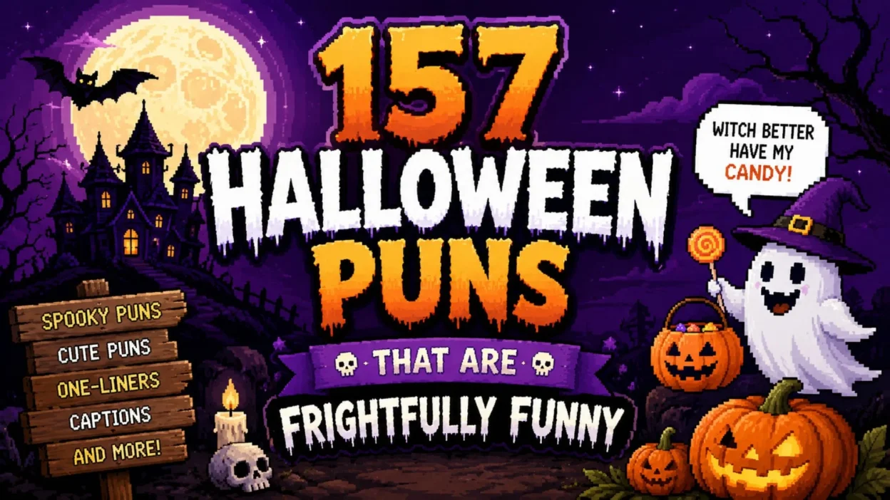 Pixel art Halloween banner featuring a haunted house, full moon, friendly ghost, pumpkins, bats, and the title "157 Halloween Puns That Are Frightfully Funny."