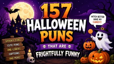 Pixel art Halloween banner featuring a haunted house, full moon, friendly ghost, pumpkins, bats, and the title "157 Halloween Puns That Are Frightfully Funny."