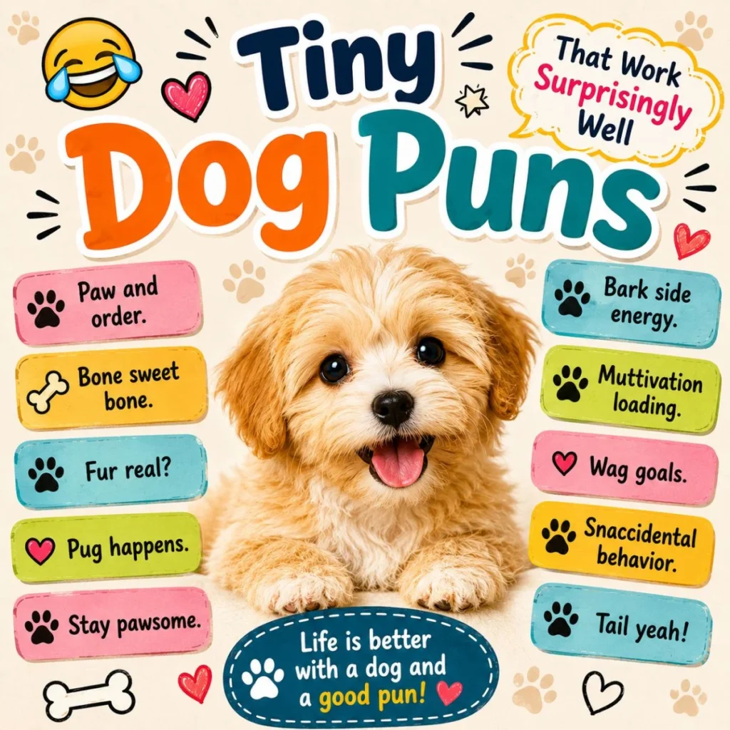 Cute fluffy puppy surrounded by colorful text reading “Tiny Dog Puns That Work Surprisingly Well” with paw prints, hearts, bones, and playful cartoon graphics.