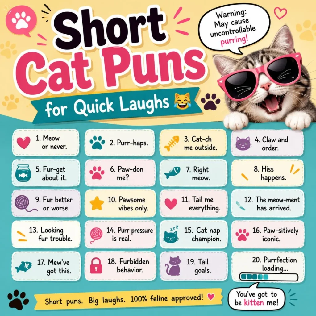Colorful cartoon infographic featuring a smiling cat in pink sunglasses with funny short cat puns displayed in playful text boxes on a bright background.