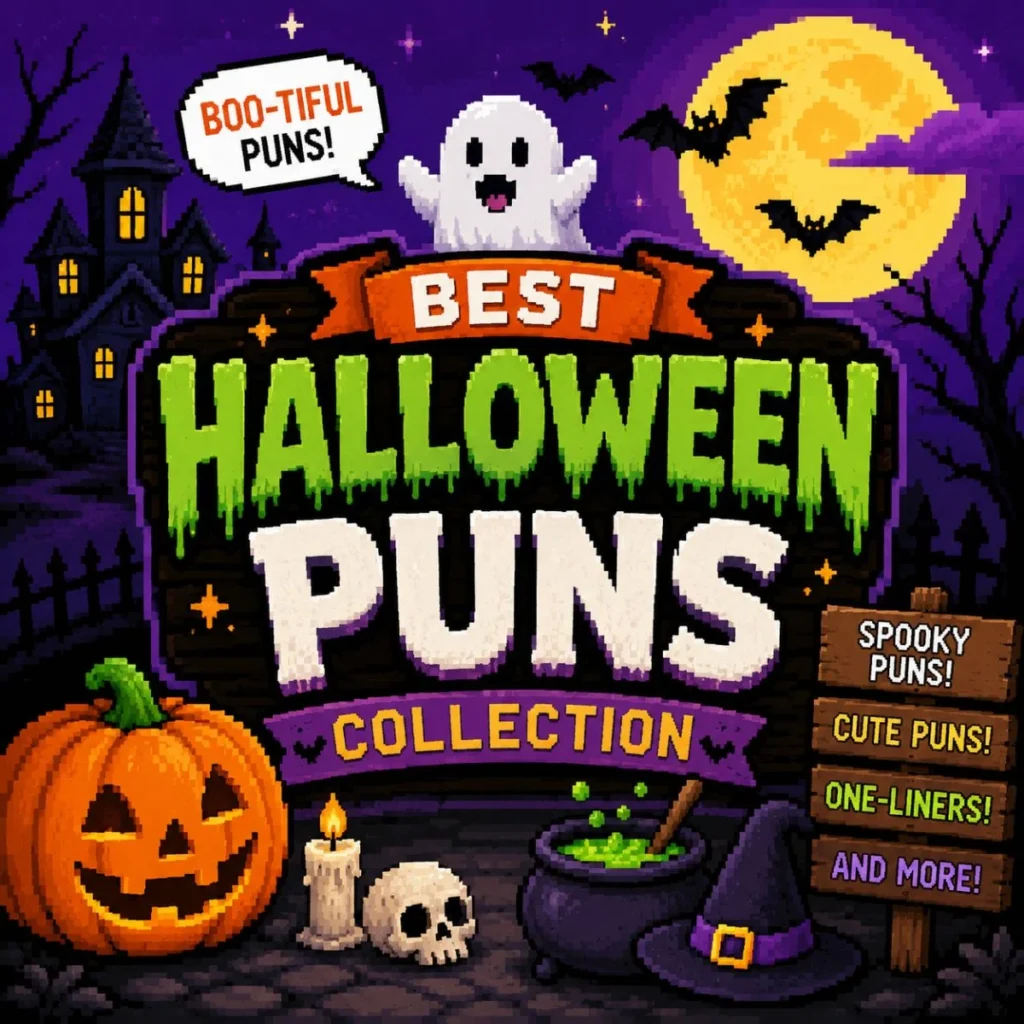 Pixel art Halloween scene featuring a friendly ghost, haunted house, pumpkins, bats, and a sign reading "Best Halloween Puns Collection."