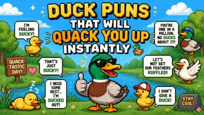 Colorful pixel art featuring funny duck puns with cartoon ducks around a lake. The image includes humorous phrases like “I’m feeling ducky,” “That’s just ducky,” and “I don’t give a duck,” with a cool duck wearing sunglasses in the center.