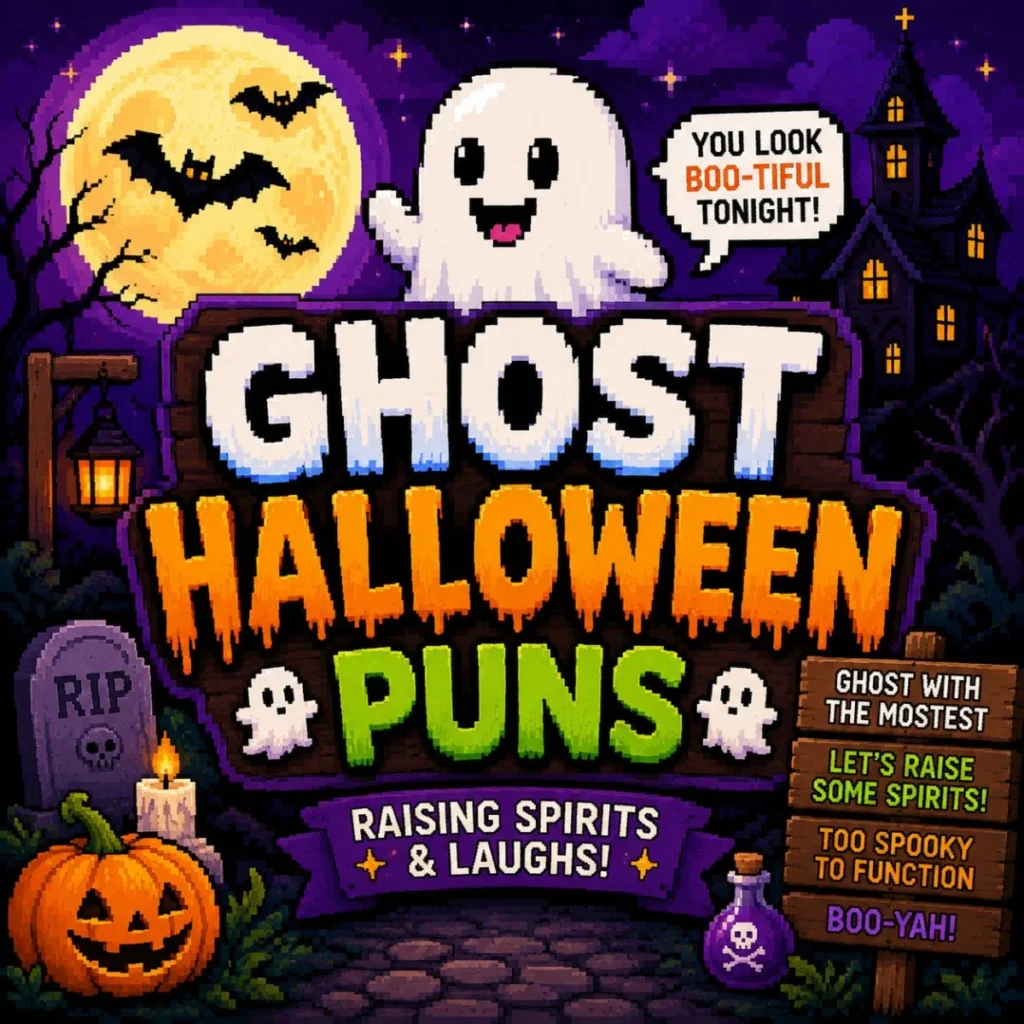 Pixel art Halloween scene featuring a friendly ghost, haunted house, full moon, bats, pumpkins, and a sign promoting Ghost Halloween Puns.