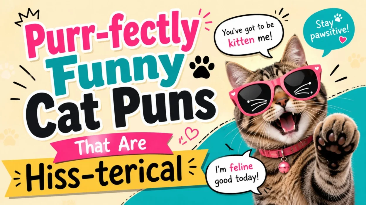 Funny cartoon cat wearing pink sunglasses with colorful text saying “Purr-fectly Funny Cat Puns That Are Hiss-terical” on a playful bright background.