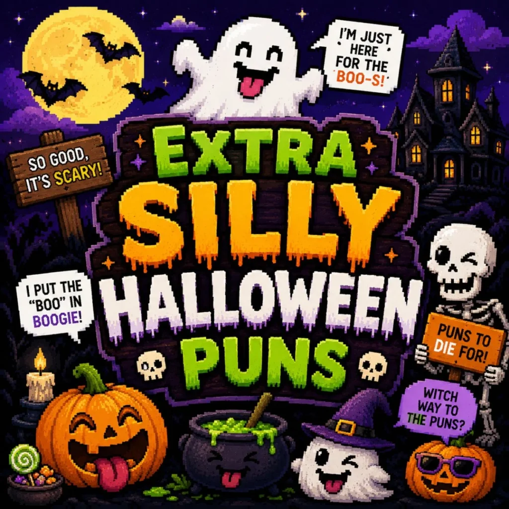 Pixel art Halloween scene featuring funny ghosts, smiling pumpkins, bats, a haunted house, and a sign promoting Extra Silly Halloween Puns.