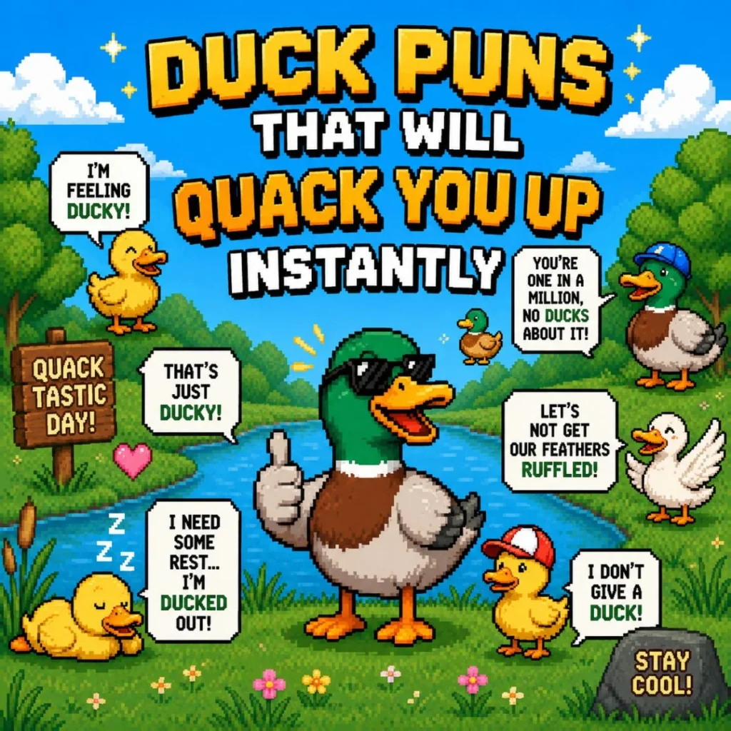 Square pixel-art illustration featuring funny duck puns for social media posts. Multiple cartoon ducks stand around a river and grassy landscape with speech bubbles containing humorous duck jokes. A cool duck wearing sunglasses stands in the center, surrounded by colorful retro-style graphics and playful text.
