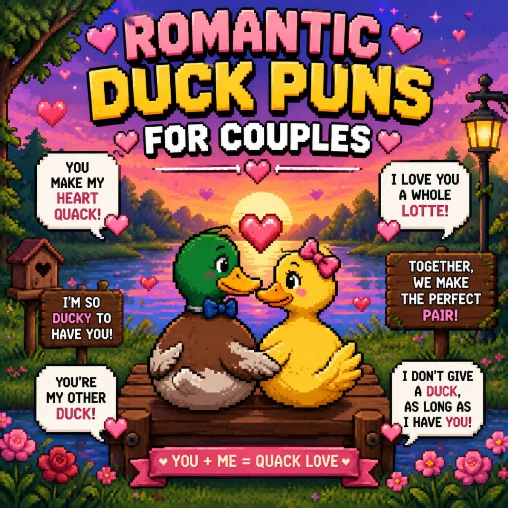 Romantic pixel-art illustration featuring cute cartoon ducks for couples. The colorful scene includes adorable ducks with heart-themed speech bubbles, romantic duck puns, and a bright retro-style landscape with soft, playful pixel graphics.