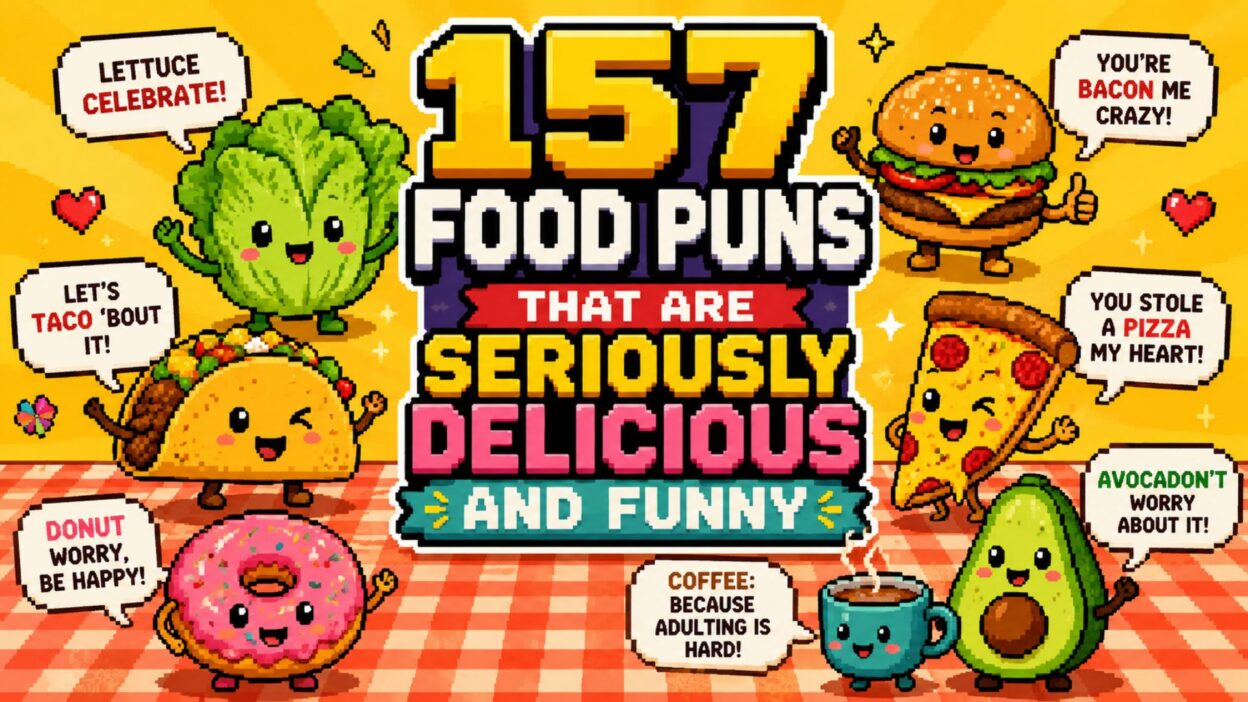 Colorful pixel art featuring cartoon food characters including a burger, taco, pizza, donut, avocado, lettuce, and coffee with funny food puns around the title “157 Food Puns That Are Seriously Delicious and Funny.”