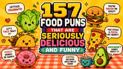 Colorful pixel art featuring cartoon food characters including a burger, taco, pizza, donut, avocado, lettuce, and coffee with funny food puns around the title “157 Food Puns That Are Seriously Delicious and Funny.”