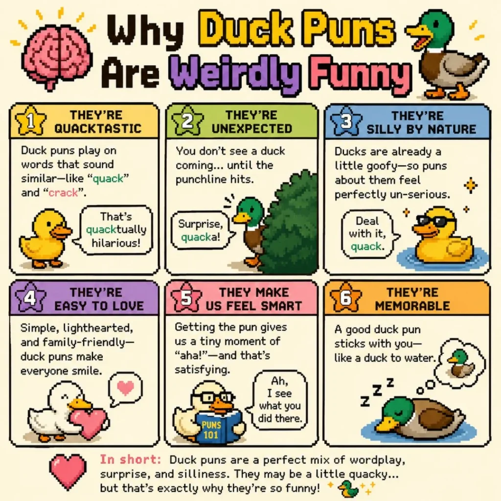 Pixel art infographic featuring funny ducks and colorful retro-style text explaining why duck puns are weirdly funny.