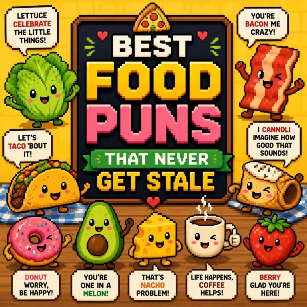 Colorful pixel art featuring cute food characters like pizza, taco, donut, avocado, cheese, coffee, bacon, and lettuce surrounding the title โBest Food Puns That Never Get Staleโ with funny food-themed jokes and speech bubbles.