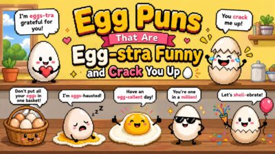 Colorful pixel art banner featuring cute cartoon eggs with funny egg puns, playful speech bubbles, and retro gaming style typography saying “Egg Puns That Are Egg-stra Funny and Crack You Up.”