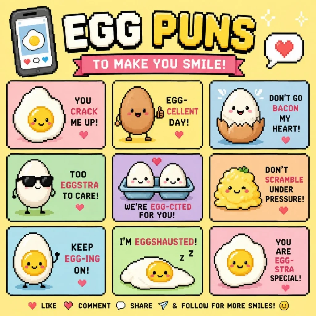 Cute pixel art poster featuring funny egg puns and adorable egg characters in pastel-colored retro 8-bit style with social media themed design.