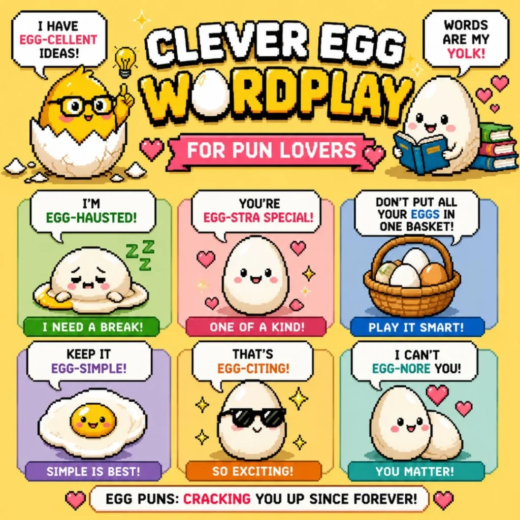 Cute pixel-art eggs with funny wordplay and egg puns in a colorful 1920×1080 banner design for pun lovers.