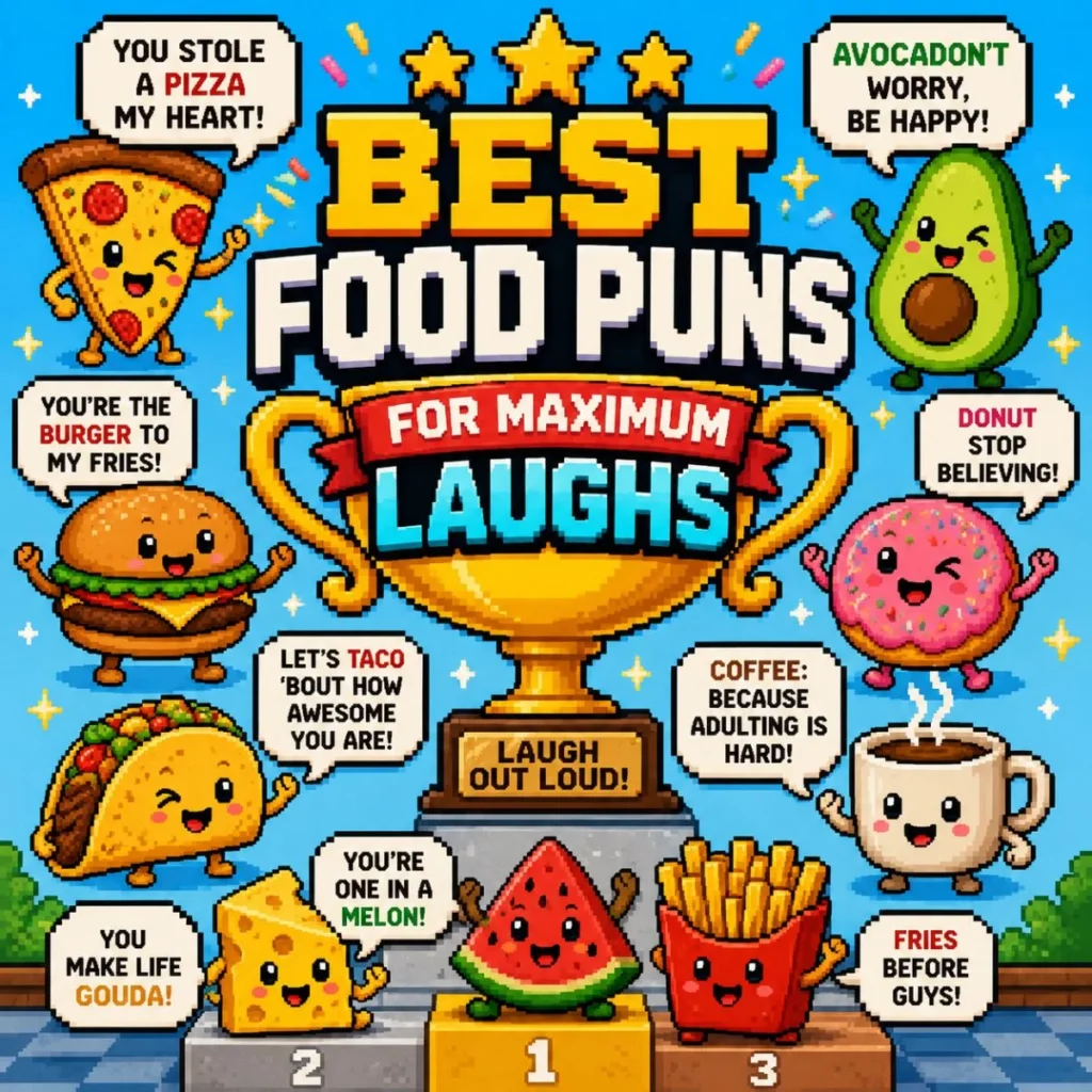Pixel art trophy surrounded by smiling food characters including pizza, burger, taco, avocado, donut, fries, cheese, watermelon, and coffee with funny food puns and the title โBest Food Puns for Maximum Laughs.โ