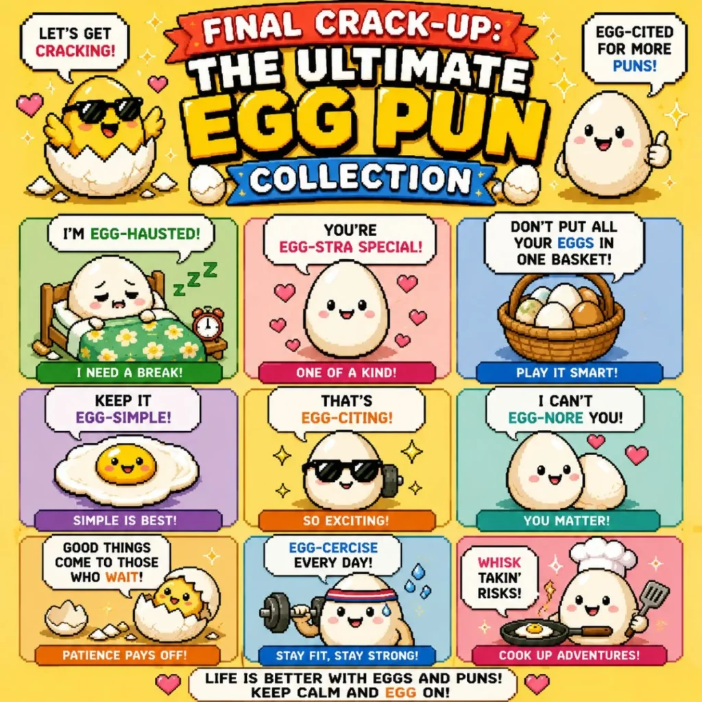 Cute pixel-art egg characters with funny egg puns and colorful comic-style panels in a 1200×1200 humorous egg pun collection design.