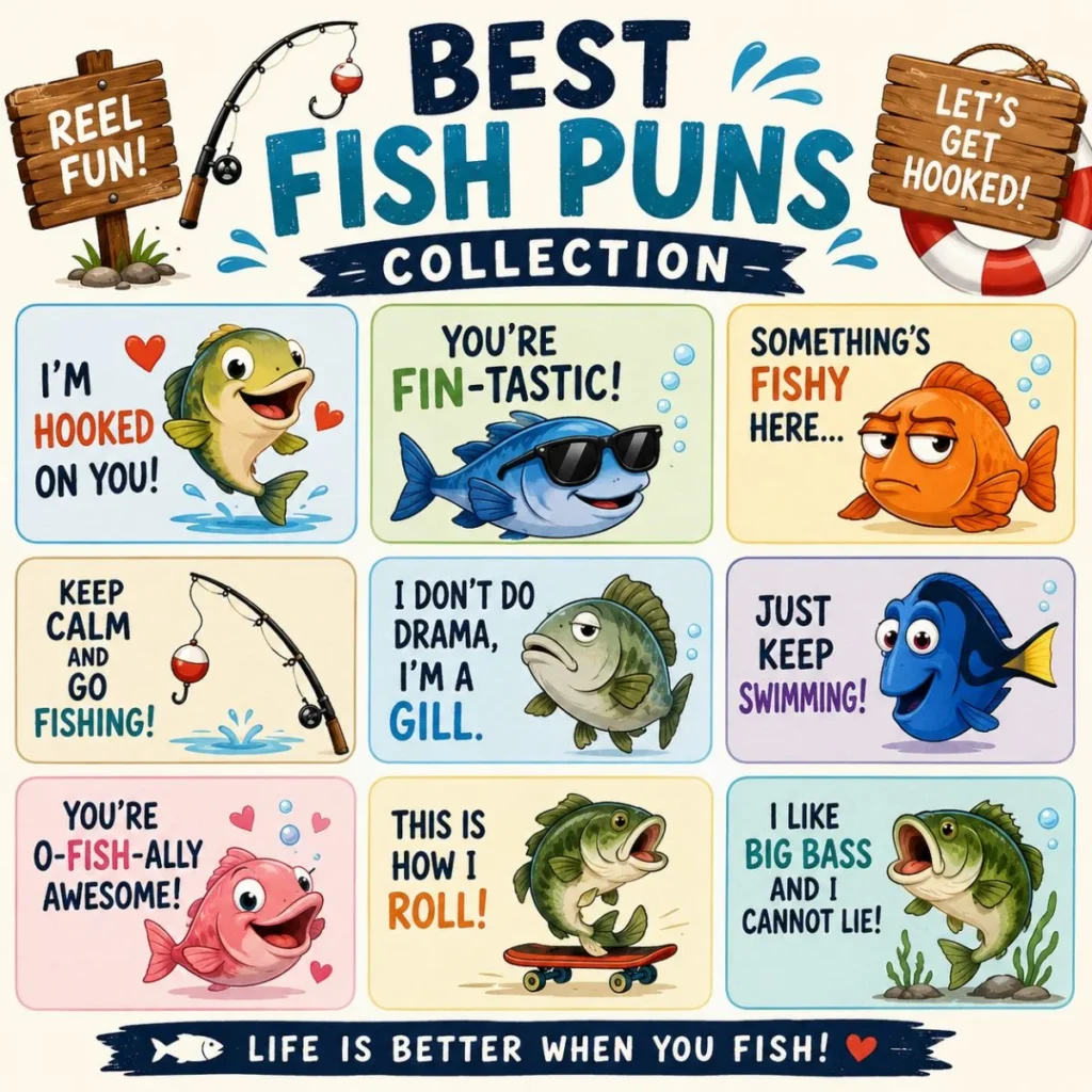 Colorful pixel-art style illustration featuring funny fish puns with cute cartoon fish, ocean elements, and playful underwater humor in a bright and cheerful design.