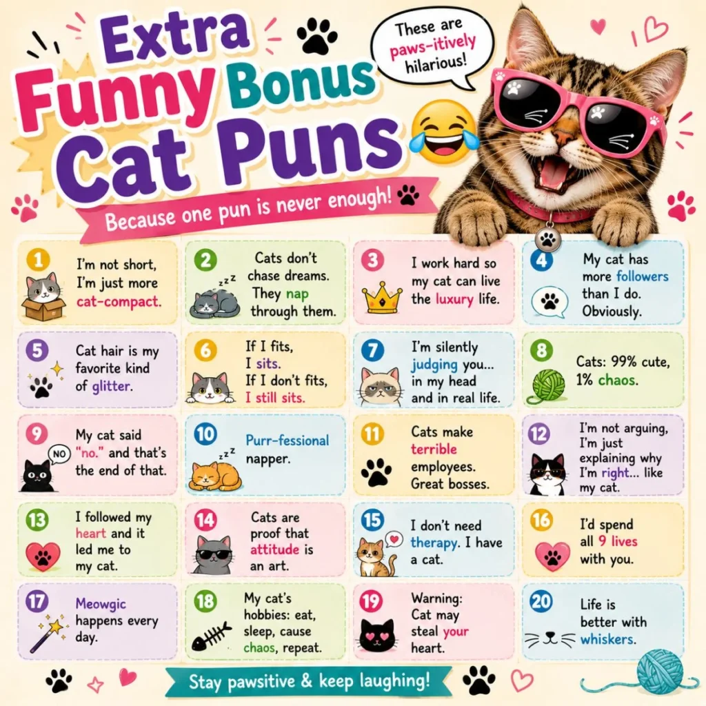 Funny colorful cat pun infographic featuring a smiling cat in pink sunglasses with hilarious bonus cat jokes, playful typography, and cute paw-print decorations.