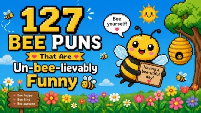 Pixel art graphic with cute cartoon bees, flowers, a beehive, and bold text reading “127 Bee Puns That Are Un-bee-lievably Funny” on a bright blue background.