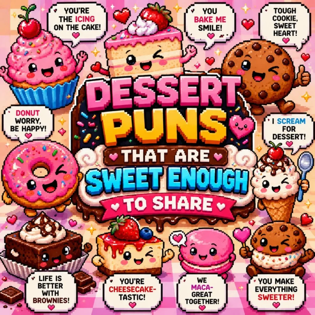 Cute pixel art dessert characters including cake, donut, cupcake, cookie, brownie, ice cream cone, pie, and tiramisu surrounding the title โDessert Puns That Are Sweet Enough to Shareโ with funny dessert-themed speech bubbles and colorful retro graphics.