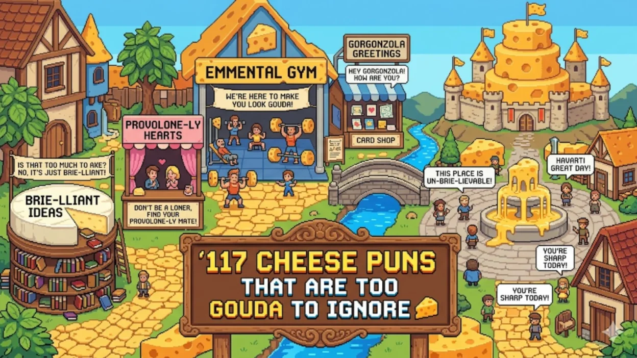 Pixel art of a fantasy cheese village with pun-themed shops, characters, and a central sign reading “117 Cheese Puns That Are Too Gouda to Ignore,” featuring humorous cheese-related wordplay throughout the scene.
