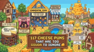 Pixel art of a fantasy cheese village with pun-themed shops, characters, and a central sign reading “117 Cheese Puns That Are Too Gouda to Ignore,” featuring humorous cheese-related wordplay throughout the scene.