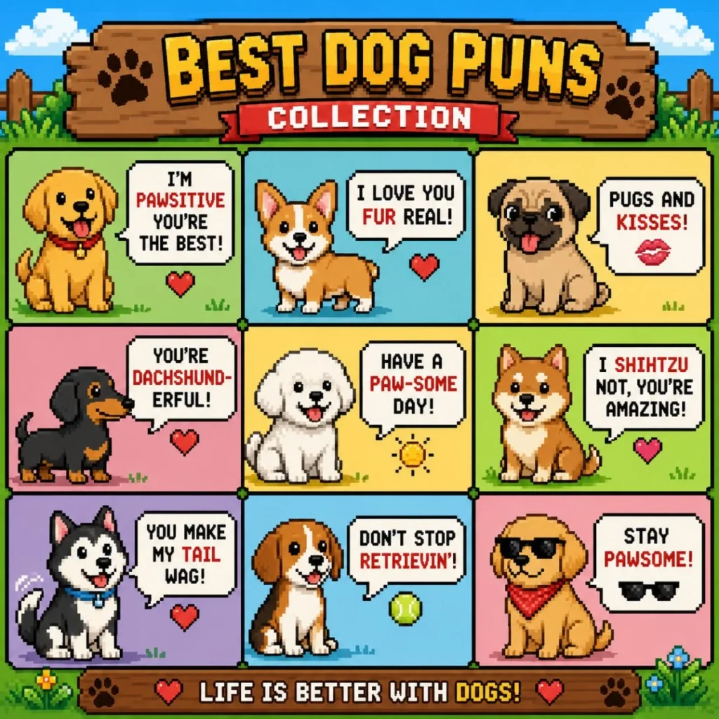 Pixel art illustration featuring cute cartoon dogs with the text “Best Dog Puns Collection” in a colorful playful design.