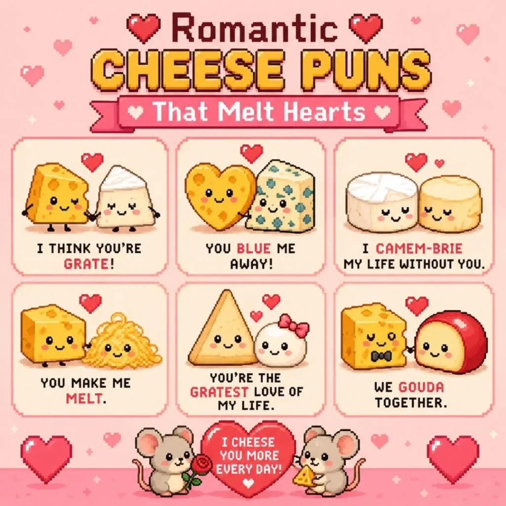A cute romantic-themed pixel art design featuring smiling cheese characters, heart shapes, soft pink and red tones, and playful typography that says “Romantic Cheese Puns That Melt Hearts.” The image has a cozy, fun, and loving aesthetic perfect for social media.