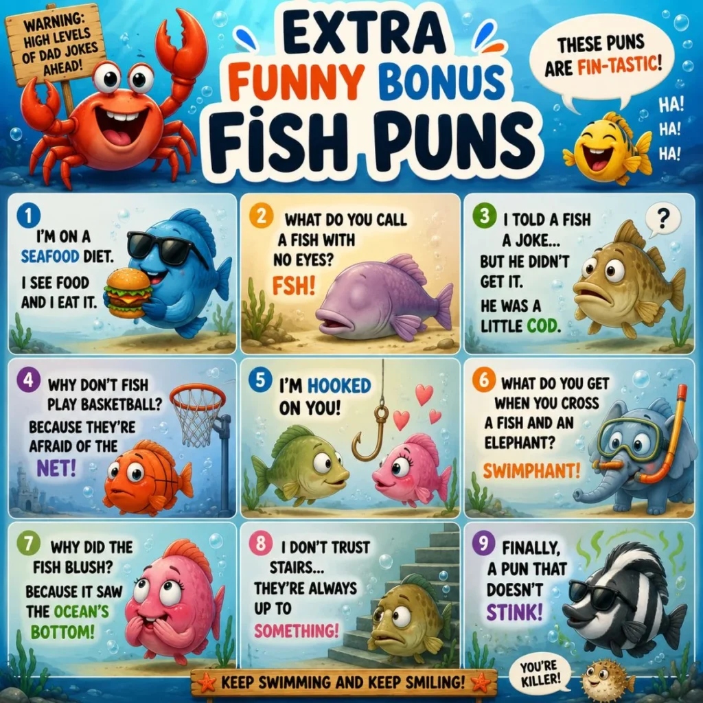 Colorful cartoon-style underwater graphic with funny fish and crab puns, cheerful sea creatures, bubbles, and playful typography in a bright ocean theme.
