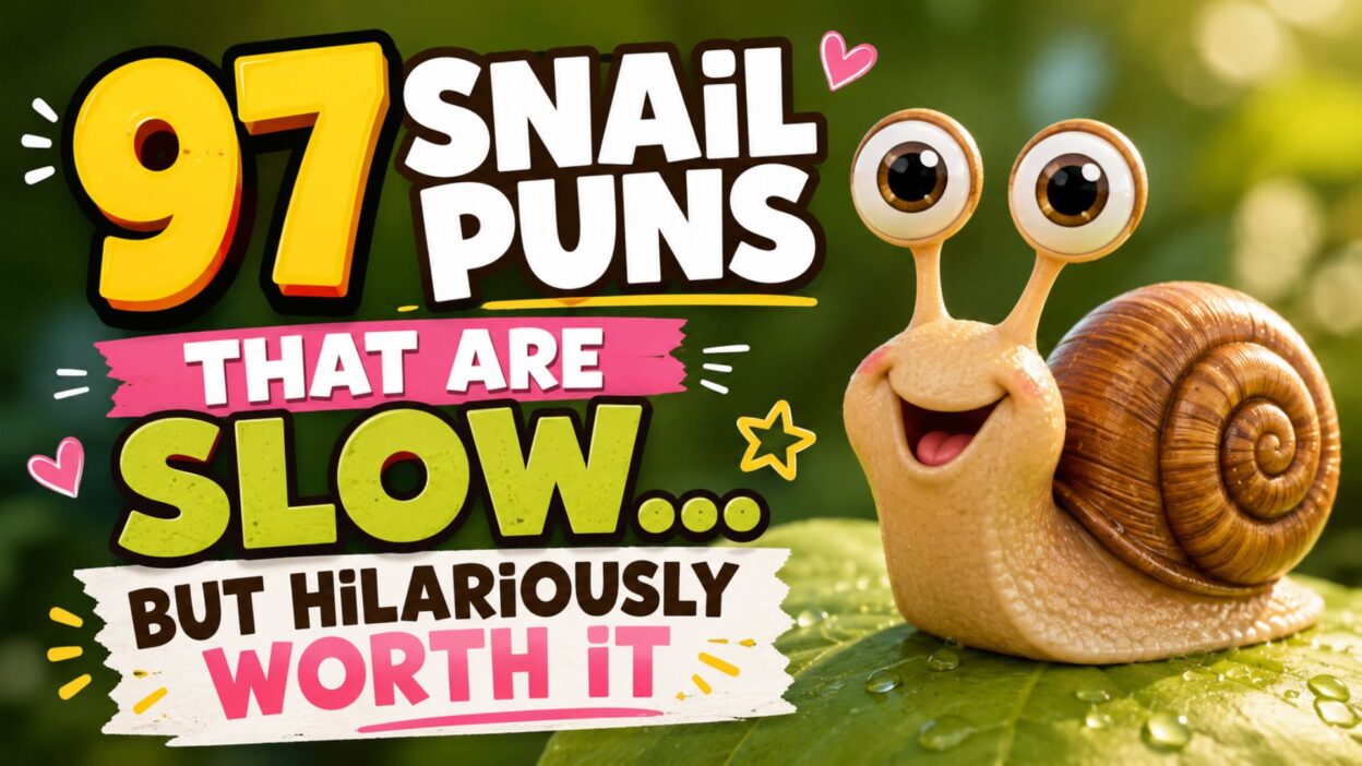 Cute smiling cartoon snail with big eyes beside colorful text reading “97 Snail Puns That Are Slow… But Hilariously Worth It” on a bright green background.