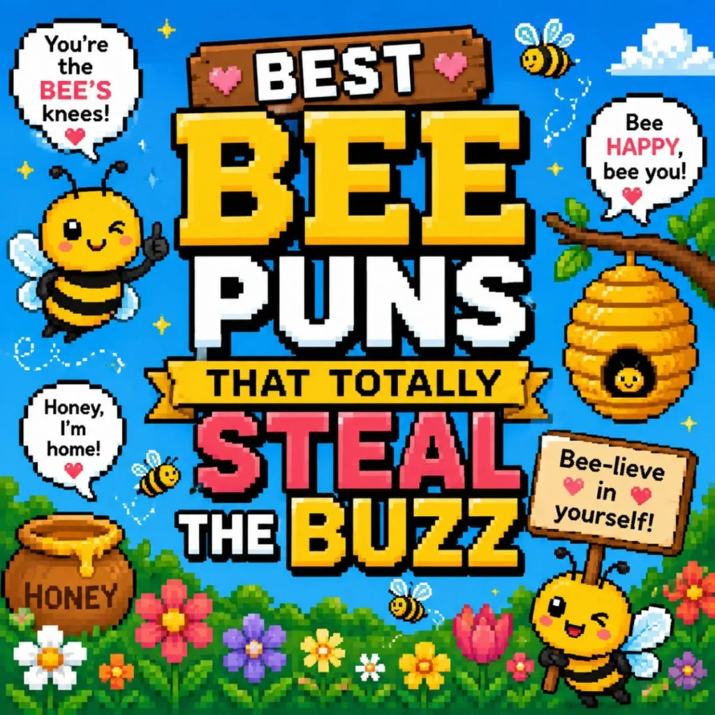 Pixel art graphic with cute cartoon bees, flowers, honey pots, and bold text reading “Best Bee Puns That Totally Steal the Buzz” on a bright blue background.