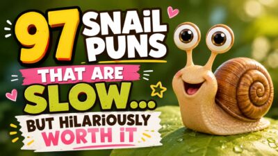 Cute smiling cartoon snail with big eyes beside colorful text reading “97 Snail Puns That Are Slow… But Hilariously Worth It” on a bright green background.