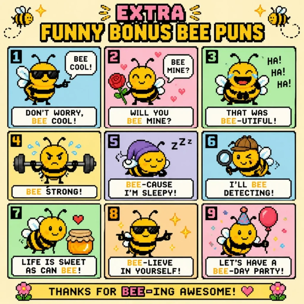 Pixel art poster featuring cute cartoon bees with funny bee puns in colorful comic-style panels on a pastel background.