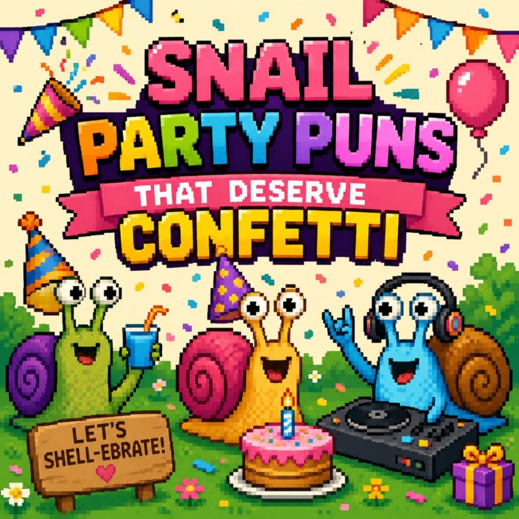 Cute pixel-style snail wearing a party hat with colorful confetti and bold text saying “Snail Party Puns That Deserve Confetti” on a fun festive background.