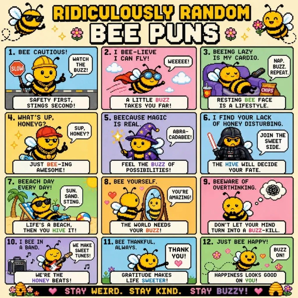 Colorful pixel art collage featuring funny random bee puns with cute cartoon bees in comic-style panels and retro game-inspired design.