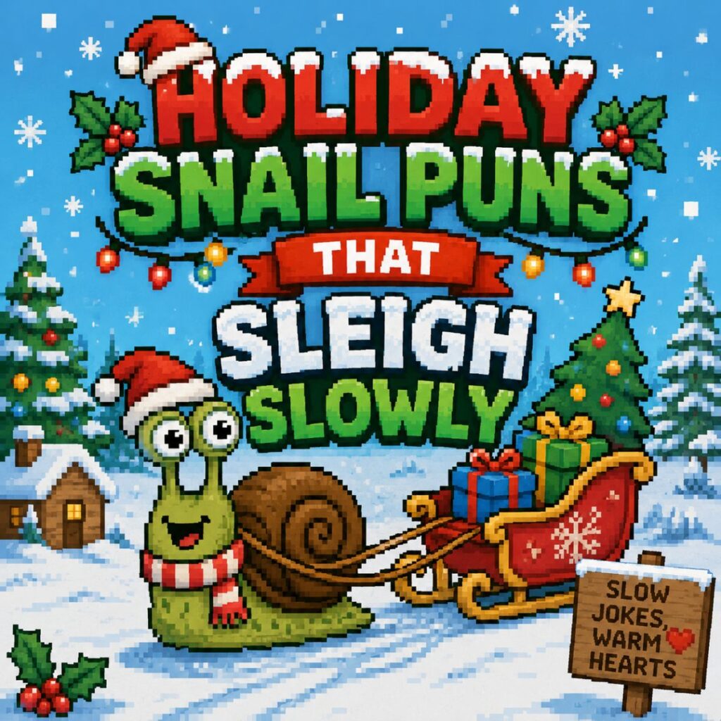 Cute pixel-art snail wearing a Santa hat and scarf while pulling a Christmas sleigh with gifts in a snowy winter scene with festive holiday text.