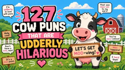Pixel art illustration of a smiling cartoon cow on a colorful farm with funny cow puns and large text reading “127 Cow Puns That Are Udderly Hilarious.”