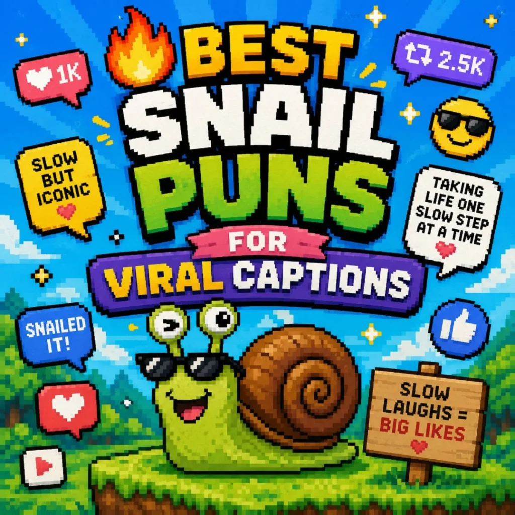 Pixel-art snail wearing sunglasses with colorful social media icons and bold text reading “Best Snail Puns for Viral Captions” on a bright retro-style background.