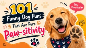 Happy golden retriever with paw raised beside colorful text saying “101 Funny Dog Puns That Are Pure Paw-sitivity” on a playful background with paw prints and doodles.