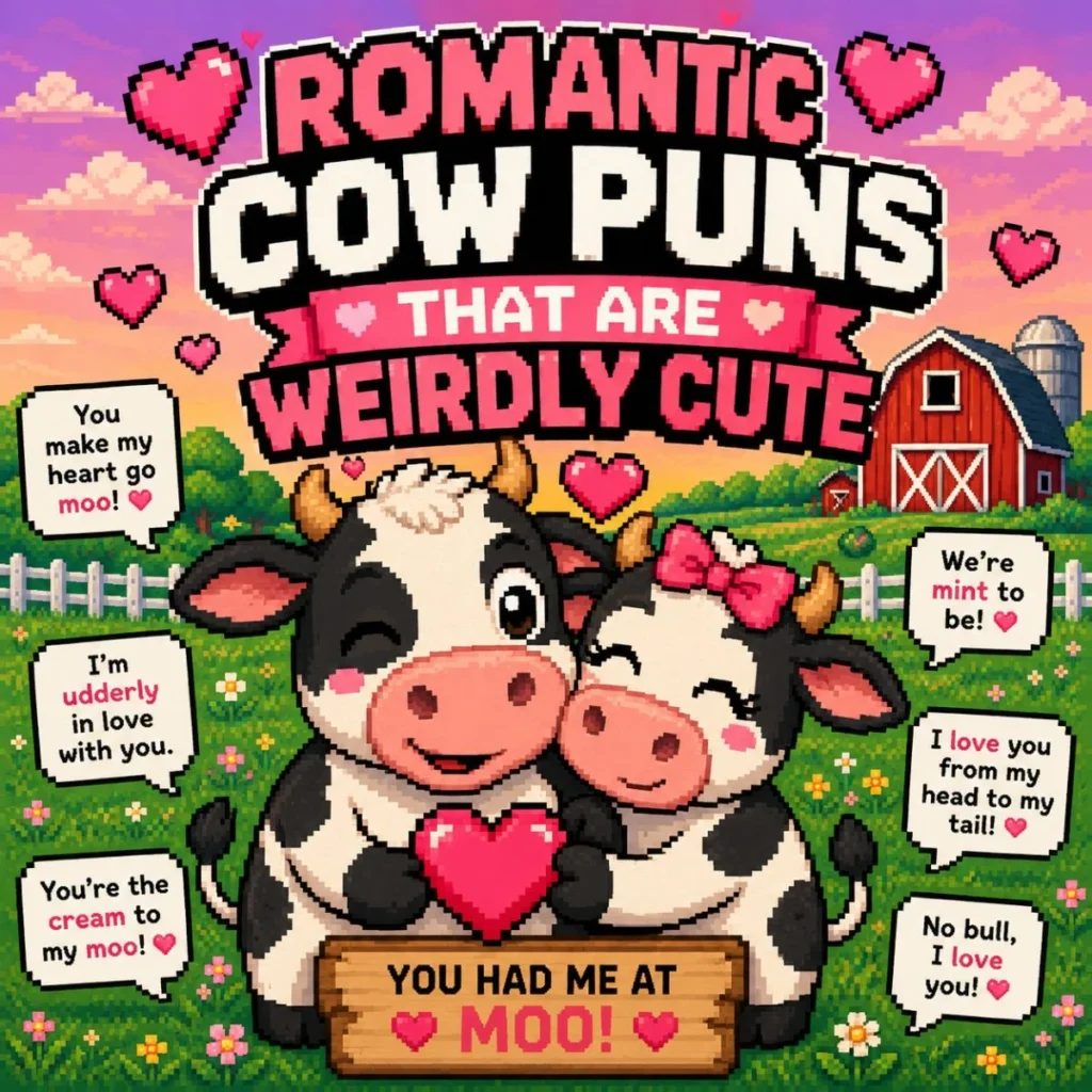 Pixel art illustration of a cute cartoon cow with hearts and romantic cow puns in a colorful farm scene with bold text reading “Romantic Cow Puns That Are Weirdly Cute.”