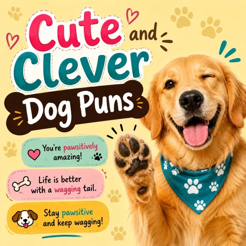 Cute smiling dog with colorful text reading “Cute and Clever Dog Puns” surrounded by paw prints and playful graphic doodles on a bright background