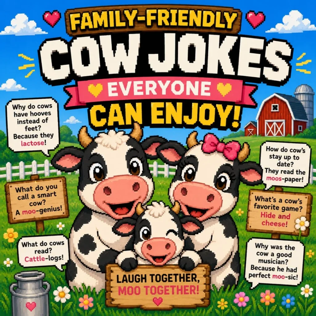 Pixel art illustration of a smiling cow family on a colorful farm with funny family-friendly cow jokes and bold text reading “Family-Friendly Cow Jokes Everyone Can Enjoy.”