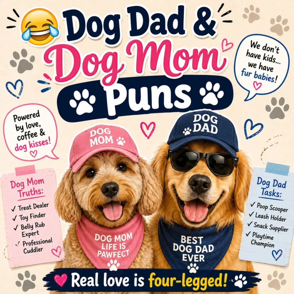 Cute dogs wearing Dog Mom and Dog Dad outfits beside colorful text reading “Dog Dad & Dog Mom Puns” with paw prints, hearts, and playful cartoon graphics.