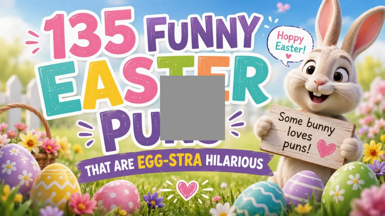 Colorful Easter banner featuring a smiling bunny holding a sign, decorated Easter eggs, spring flowers, and the text “135 Funny Easter Puns That Are Egg-stra Hilarious.” 🐰🥚🌸