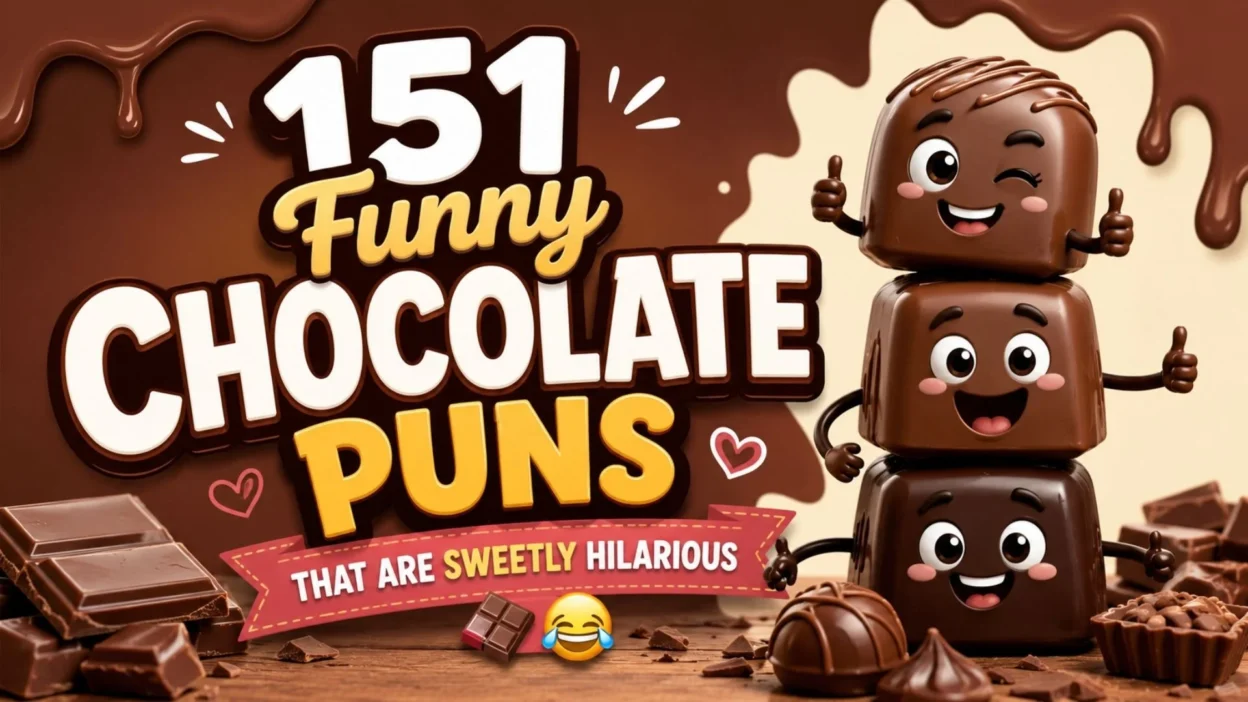 151 Funny Chocolate Puns banner with playful chocolate characters