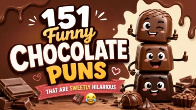151 Funny Chocolate Puns banner with playful chocolate characters