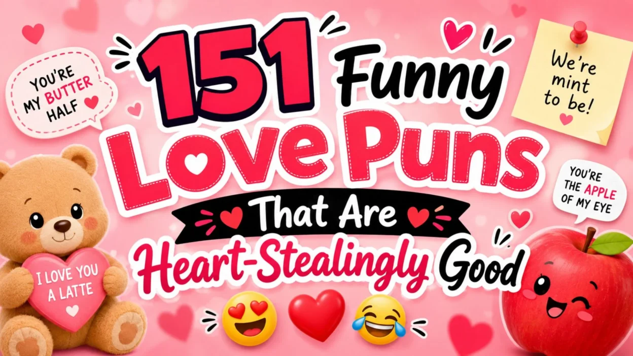 Cute Valentine's-themed illustration featuring funny love puns, hearts, teddy bear, apple character, and romantic wordplay on a pink background.