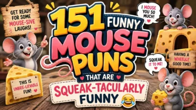 151 funny mouse puns with cute cartoon mice and cheese